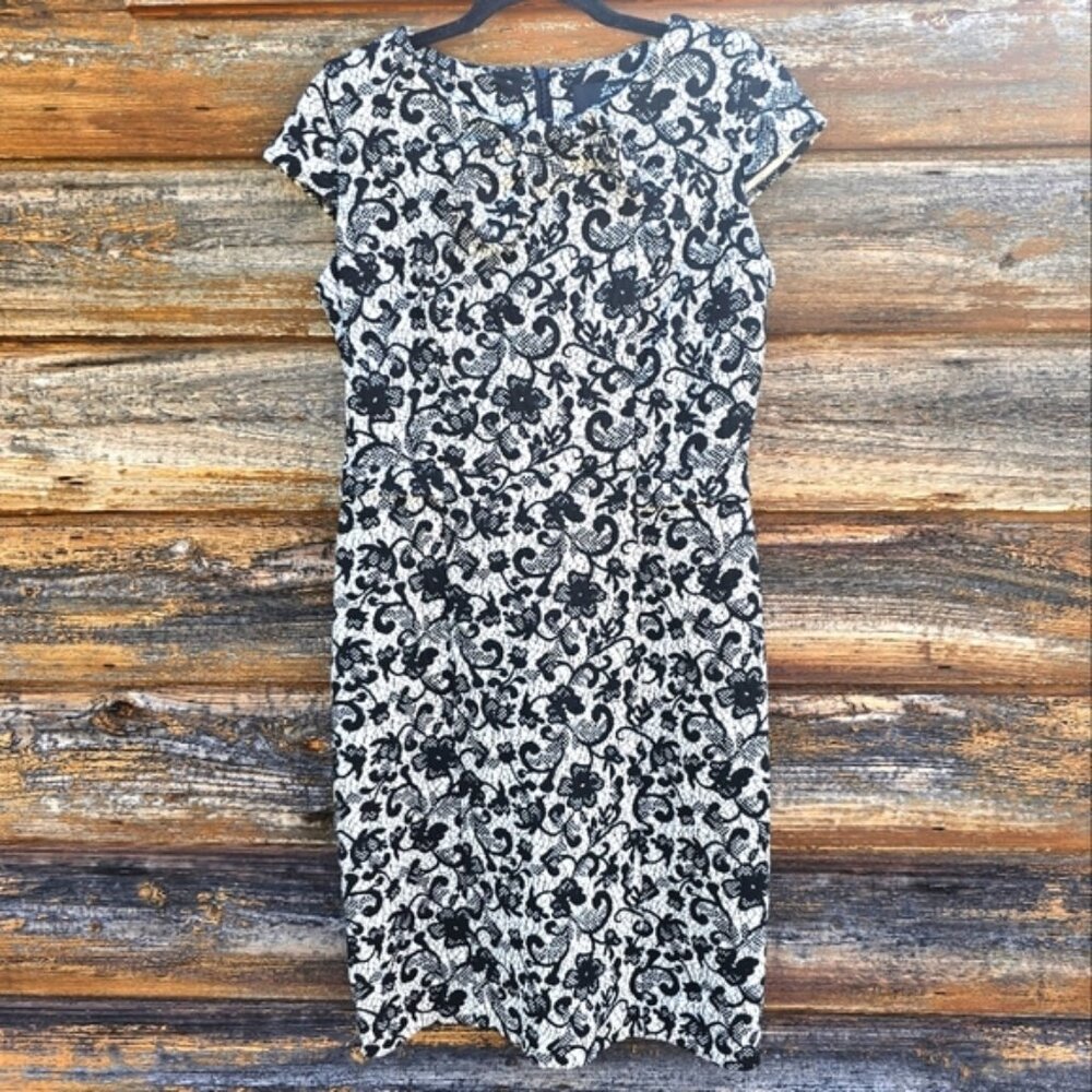 Lemmie for Nina Leonard Knit Cap Sleeve Cream & Black Floral Lace Midi Dress